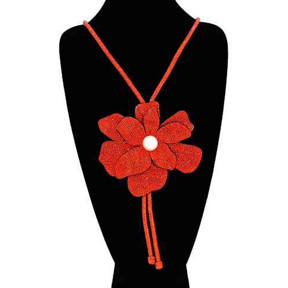 Orange Bling Studded Bolo Tie Pearl Flower Pendant Bold Statement Necklace
